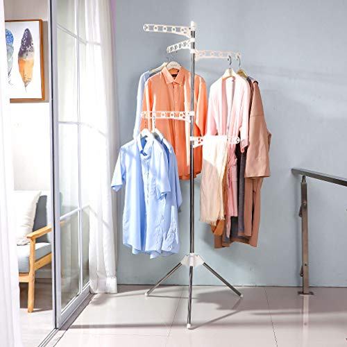 BAOYOUNI Foldable Clothes Drying Rack Collapsible Tripod Coat Hanger Corner Garment Storage Shelf Stand Portable Laundry Organizer Indoor Outdoor with 5 Adjustable Arms - Ivory