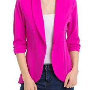 MINEFREE Women's 3/4 Ruched Sleeve Lightweight Work Office Blazer Jacket Berry L