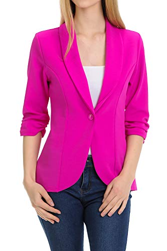 MINEFREE Women's 3/4 Ruched Sleeve Lightweight Work Office Blazer Jacket Berry L