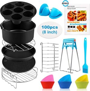air fryer accessories xl, 8 inch set of 17 for gowise usa phillips ninjia cosori cozyna 4.2qt 5.3qt 5.5qt 5.8qt deep air fryer with recipes cookbook and 12 silicone muffin cups universal accessories