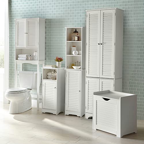 BrylaneHome Louvre Linen Cabinet Bathroom Storage (4 Doors, 6 Shelves), White