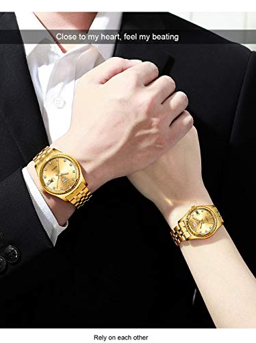 MASTOP Couple Watches Dress Wrist Watch Golden Watch Men Women Stainless Steel Waterproof Quartz Watch (8201 Gold)