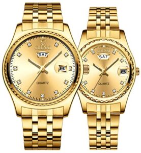 mastop couple watches dress wrist watch golden watch men women stainless steel waterproof quartz watch (8201 gold)