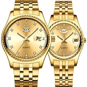MASTOP Couple Watches Dress Wrist Watch Golden Watch Men Women Stainless Steel Waterproof Quartz Watch (8201 Gold)