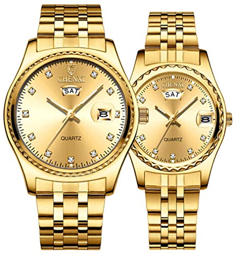 MASTOP Couple Watches Dress Wrist Watch Golden Watch Men Women Stainless Steel Waterproof Quartz Watch (8201 Gold)