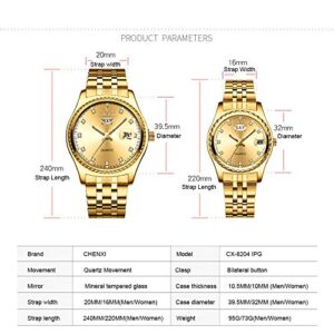 MASTOP Couple Watches Dress Wrist Watch Golden Watch Men Women Stainless Steel Waterproof Quartz Watch (8201 Gold)