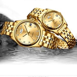 MASTOP Couple Watches Dress Wrist Watch Golden Watch Men Women Stainless Steel Waterproof Quartz Watch (8201 Gold)