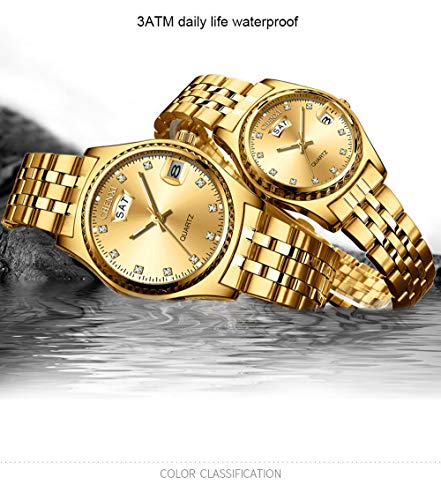 MASTOP Couple Watches Dress Wrist Watch Golden Watch Men Women Stainless Steel Waterproof Quartz Watch (8201 Gold)