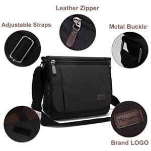 Modoker Messenger Bag for Men Women, 13 Inches Laptop Satchel Bags, Canvas Shoulder Bag with Bottle Pocket, Black