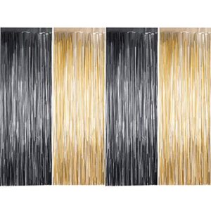 4 pack photo booth backdrops foil curtains metallic tinsel backdrop curtains door fringe curtains for wedding birthday christmas halloween disco party favour decorations (matt light gold and black)