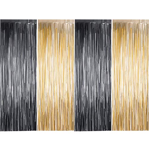 4 Pack Photo Booth Backdrops Foil Curtains Metallic Tinsel Backdrop Curtains Door Fringe Curtains for Wedding Birthday Christmas Halloween Disco Party Favour Decorations (Matt Light Gold and Black)