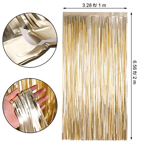 4 Pack Photo Booth Backdrops Foil Curtains Metallic Tinsel Backdrop Curtains Door Fringe Curtains for Wedding Birthday Christmas Halloween Disco Party Favour Decorations (Matt Light Gold and Black)