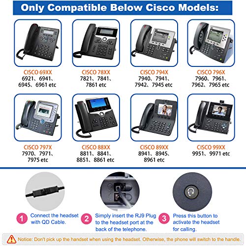 VoiceJoy Single Ear Noise Canceling Headset for Call Center/Office with QD Cable for All Cisco 6000, 7800 and 8000 Series Phones and Also Models 7940 7941 7942 7945 7960 7961 7962 7965 7970 8841