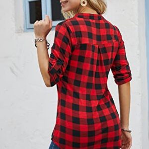 Ninedaily Plaid Shirts for Women, Gifts for Women Shirts Happy New Years Shirts Christmas Outfits 2023 Casual Extra Long Dressy Tunics to Wear with Legging Loose Hem Black and Red Plaid Shirt Size XL