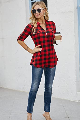 Ninedaily Plaid Shirts for Women, Gifts for Women Shirts Happy New Years Shirts Christmas Outfits 2023 Casual Extra Long Dressy Tunics to Wear with Legging Loose Hem Black and Red Plaid Shirt Size XL