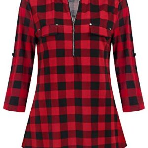 Ninedaily Plaid Shirts for Women, Gifts for Women Shirts Happy New Years Shirts Christmas Outfits 2023 Casual Extra Long Dressy Tunics to Wear with Legging Loose Hem Black and Red Plaid Shirt Size XL