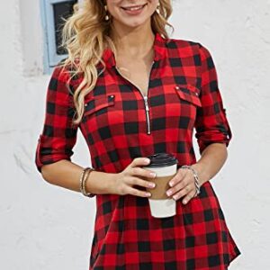 Ninedaily Plaid Shirts for Women, Gifts for Women Shirts Happy New Years Shirts Christmas Outfits 2023 Casual Extra Long Dressy Tunics to Wear with Legging Loose Hem Black and Red Plaid Shirt Size XL
