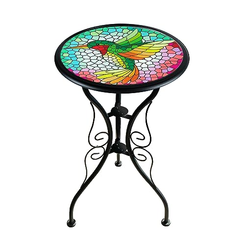 LIFFY Outdoor Mosaic Side Table Hummingbird Garden End Table Small Patio Round Printed Glass Table for Yard or Lawn