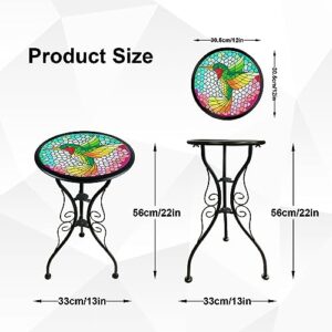 LIFFY Outdoor Mosaic Side Table Hummingbird Garden End Table Small Patio Round Printed Glass Table for Yard or Lawn