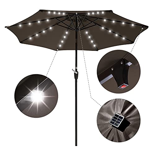 Yescom Solar Umbrellas Patio Umbrella 9 FT LED Umbrellas 32LED Lights Tilt and Crank Outdoor Table Umbrellas Chocolate
