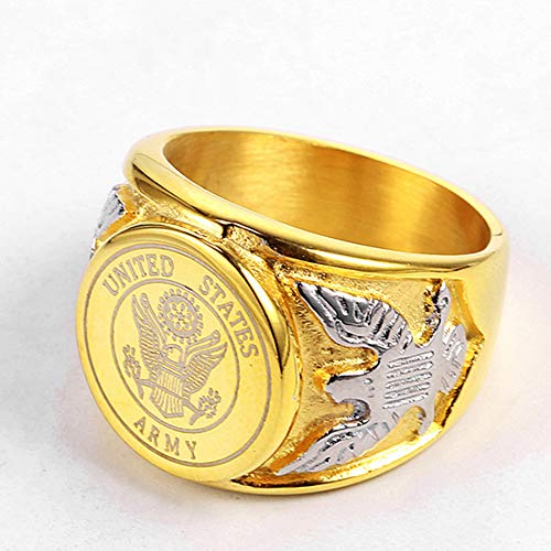 JAJAFOOK Vintage Titanium Steel US Military Army Ring Eagle Medal Rings for Men,Gold with Silver 10