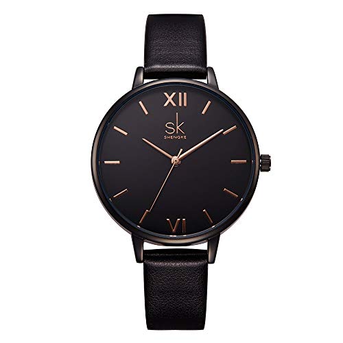 SHENGKE Simplicity Creative Women Watch Genuine Leather Elegant Women Watches Ladies Business Wristwatch (K0039-Black-Genuine Leather)