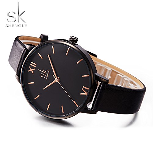 SHENGKE Simplicity Creative Women Watch Genuine Leather Elegant Women Watches Ladies Business Wristwatch (K0039-Black-Genuine Leather)