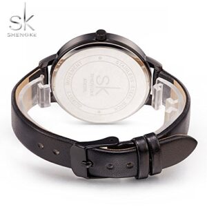 SHENGKE Simplicity Creative Women Watch Genuine Leather Elegant Women Watches Ladies Business Wristwatch (K0039-Black-Genuine Leather)