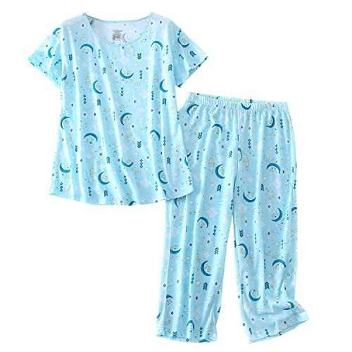 PNAEONG Women’s Pajama Set - Cotton-Blend Short-Sleeve Loose Top with Matching Capri Bottoms SY215-Blue Moon-XL