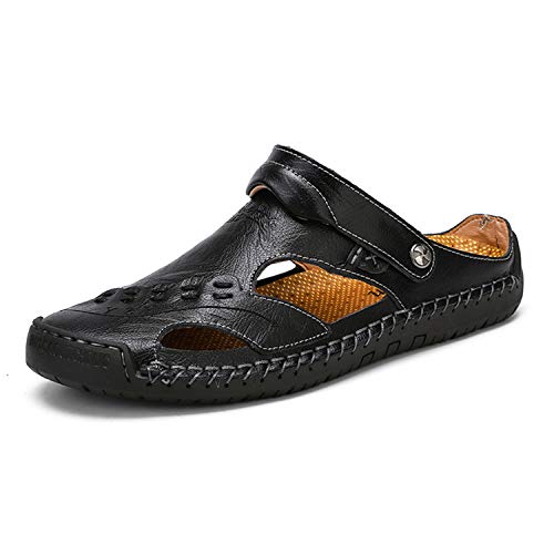 MIXSNOW Mens Leather Sandals Summer Casual Water Shoes Walking Outdoor Beach Travel Slippers （Black 46）