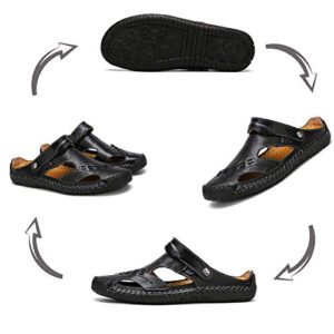 MIXSNOW Mens Leather Sandals Summer Casual Water Shoes Walking Outdoor Beach Travel Slippers （Black 46）