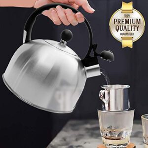 2.5 Liter Whistling Tea Kettle - Modern Stainless Steel Whistling Tea Pot for Stovetop with Cool Grip Ergonomic Handle (Stainless Steel)