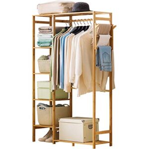 ufine bamboo garment rack 6 tier storage shelves clothes hanging rack with side hooks, heavy duty clothing rack portable wardrobe closet organizer