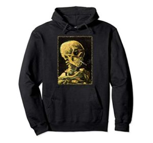 skull of skeleton with burning cigarette by vincent van gogh pullover hoodie