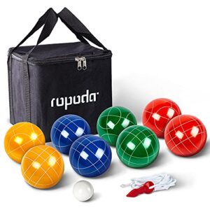 ropoda 90mm bocce ball set with 8 balls, pallino, case and measuring rope for backyard, lawn, beach & more (4 to 8 person bocce ball set)