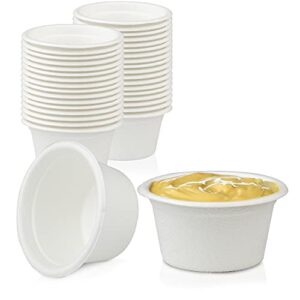 fit meal prep [100 pack] 2 oz 100% compostable disposable condiment cups, biodegradable bagasse fiber souffle portion cups, eco-friendly sample cups for tasting, dip sauce, snack, microwave safe