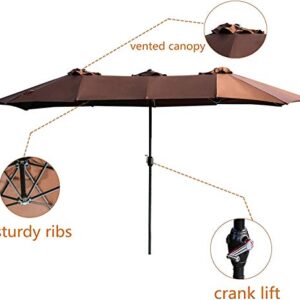 LOKATSE HOME Double-Sided Market Patio Outdoor Umbrella 15 Feet Garden Aluminum Twin Sun Canopy with Crank, 2 Middle Brown