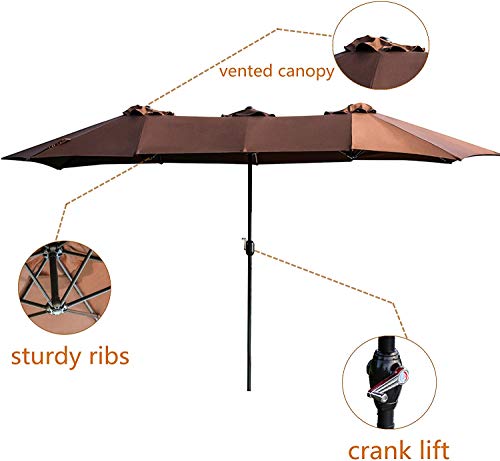 LOKATSE HOME Double-Sided Market Patio Outdoor Umbrella 15 Feet Garden Aluminum Twin Sun Canopy with Crank, 2 Middle Brown