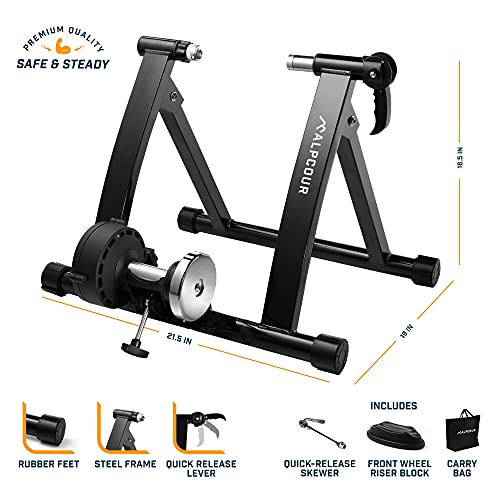 Alpcour Bike Trainer Stand for Indoor Riding – Portable Stainless Steel Indoor Trainer w/Magnetic Flywheel, Noise Reduction, 6 Resistance Settings & Bag – Stationary Exercise for Road & Mountain Bikes