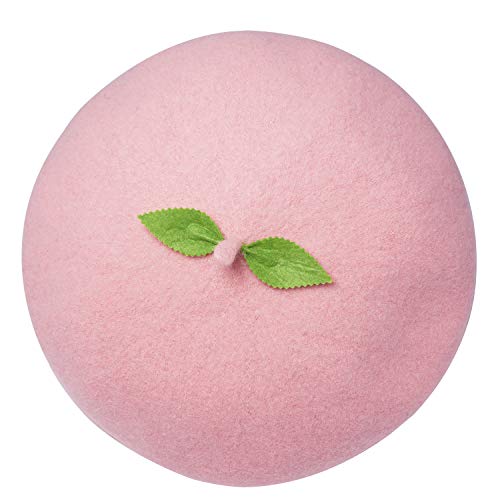 Kawaii Handmade Cartoon Beret Hat Green Leaves Fruit Cosplay Vintage Lolita Mori Girl Wool Cap Gift (Pink)