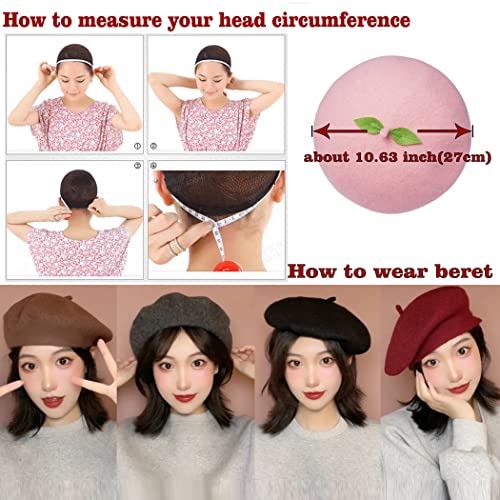 Kawaii Handmade Cartoon Beret Hat Green Leaves Fruit Cosplay Vintage Lolita Mori Girl Wool Cap Gift (Pink)