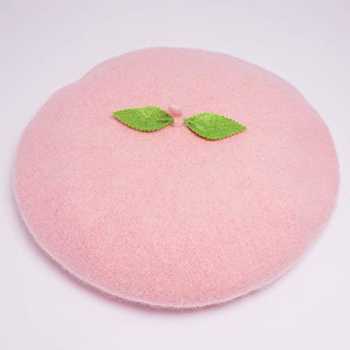 Kawaii Handmade Cartoon Beret Hat Green Leaves Fruit Cosplay Vintage Lolita Mori Girl Wool Cap Gift (Pink)