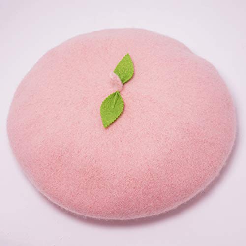 Kawaii Handmade Cartoon Beret Hat Green Leaves Fruit Cosplay Vintage Lolita Mori Girl Wool Cap Gift (Pink)