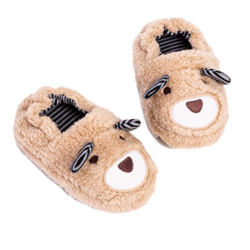 Csfry Toddler Boys Slippers Cartoon Cute Animals Plush Warm Home Shoes Beige US 7-8