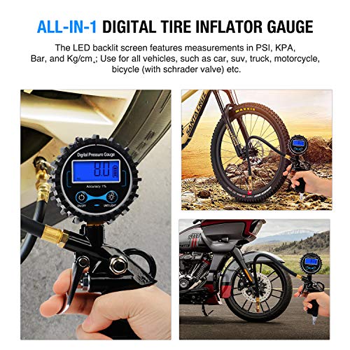 Nilight 50026R Digital Tire Inflator Pressure Gauge,250 PSI Air Chuck and Compressor Accessories Heavy Duty with Rubber Hose and Quick Connect Coupler for 0.1 Display Resolution,2 Year Warranty