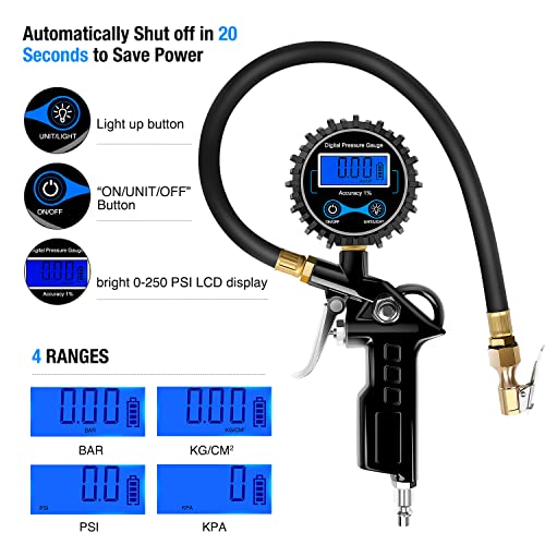 Nilight 50026R Digital Tire Inflator Pressure Gauge,250 PSI Air Chuck and Compressor Accessories Heavy Duty with Rubber Hose and Quick Connect Coupler for 0.1 Display Resolution,2 Year Warranty