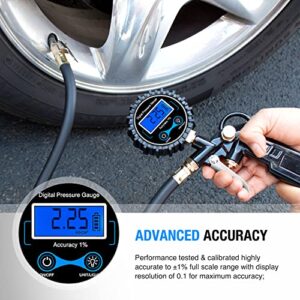 Nilight 50026R Digital Tire Inflator Pressure Gauge,250 PSI Air Chuck and Compressor Accessories Heavy Duty with Rubber Hose and Quick Connect Coupler for 0.1 Display Resolution,2 Year Warranty