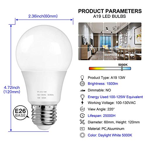 MAXvolador A19 LED Light Bulbs 1500 Lumens, 100-125 Watt Equivalent LED Bulbs, 5000K Daylight White 13-Watt, Standard E26 Medium Screw Base, Non-Dimmable, No Flicker, Pack of 12