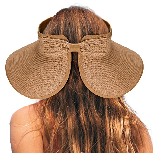 Women's Sun Visor Hats Wide Brim Straw Beach Hat Ponytail Hats for Women Foldable Floppy