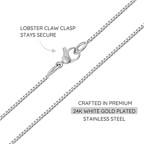 KISPER 24k White Gold Box Chain Necklace – Thin, Dainty, White Gold Plated Stainless Steel Chains for Women & Men with Lobster Clasp, 22"